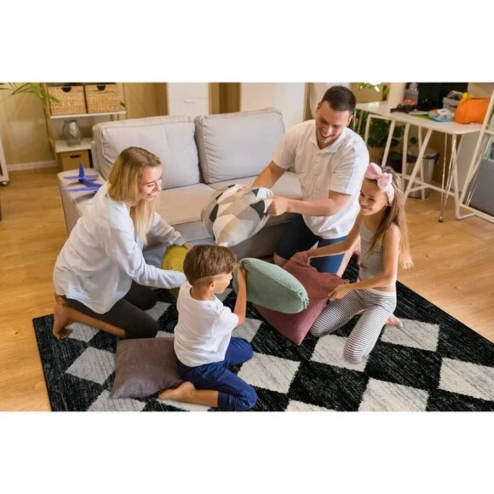 New 2x3 Moroccan Trellis Rug, Black Checkered Non-Slip Mat for Home & Entry